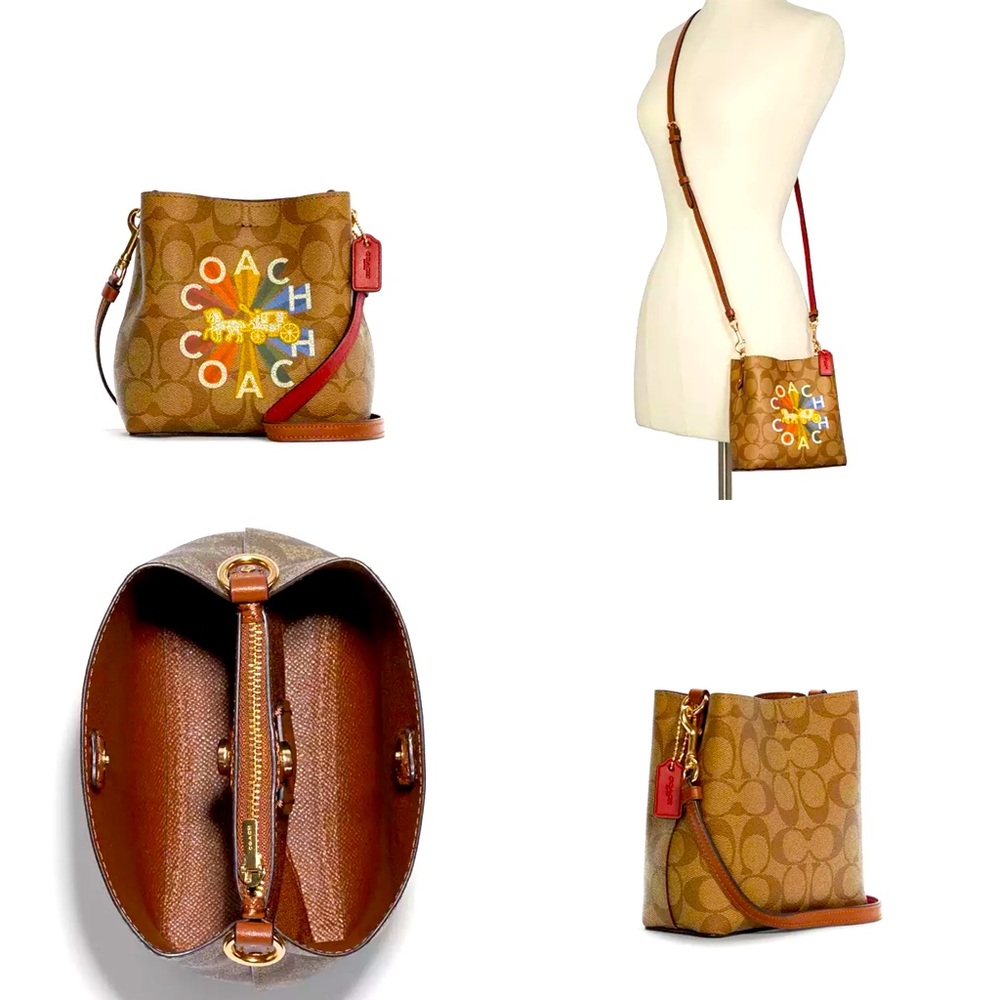NWT COACH Mini Town Bucket Bag In Signature Canvas With Coach Radial Rainbow